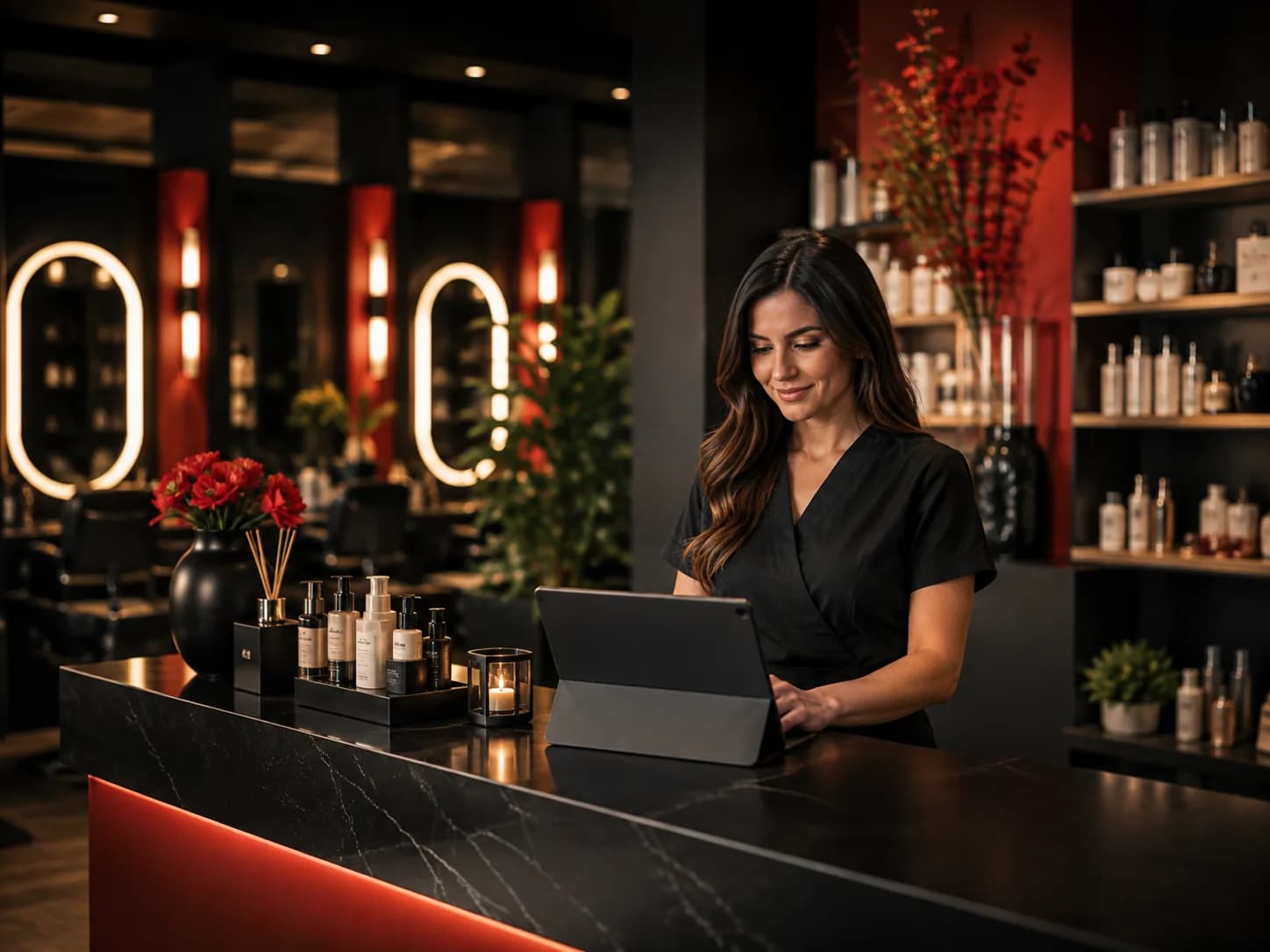 Güzellik salonunun resepsiyonunda tabletle çalışan salon sahibi