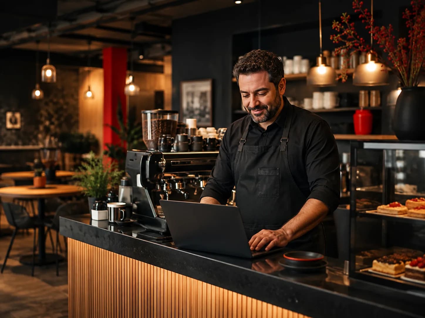 Kafenin tezgâhında espresso makinesinin yanında dizüstü bilgisayarla çalışan işletmeci